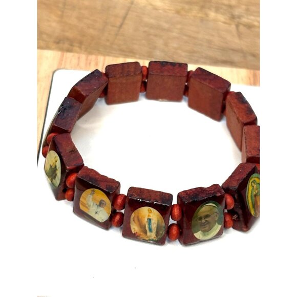 Religious Wooden Stretch Bracelet With Catholic Saint Images - Picture 1 of 8